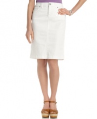 Style&co.'s denim skirt gets a fresh look with bright white. The tummy control panel ensures a smooth, lean silhouette!