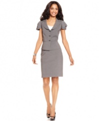 Nine West takes an office classic--the pinstripe--and outfits this stylishly proportioned jacket and skirt with it. Seamed details and pleated sleeves give this skirt suit flattering, structured appeal.