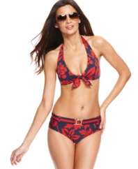 Tommy Hilfiger brings preppy style to the beach (or pool) with a belted bikini brief bottom. The Hawaiian-inspired floral print adds a surfer-chic touch!
