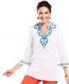 Be a definition of casual elegance with Charter Club's three-quarter sleeve plus size tunic top, wonderfully accented by embroidery.