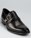 A modern classic, this sleek dress shoe is crafted in burnished Italian leather, with a smooth toe and overlapping strap upper with side buckle closure.