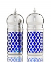 Style in a pinch. Cobalt salt and pepper shakers combine polished nickel-plated domes and a trellis motif over royal blue for a look of utter sophistication.