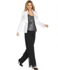 Shine at your next special occasion in this pant suit from Tahari by ASL, elevated by a crisp white jacket, sleek sequined top and a polished, flowing pants silhouette.