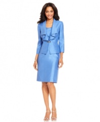 A cascading ruffled collar and jeweled closure elevate this skirt suit from Tahari by ASL. A pair of strappy sandals is all you need to complete a stunning special occasion ensemble.