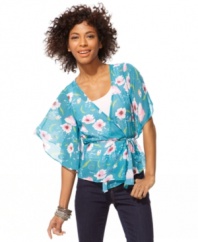Rock out by day with pretty, kimono flair in this chiffon wrap-style bed jacket from Belle Du Jour!