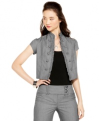 For a tailored finish to your slacks and skirts, opt for this cropped blazer from BCX! Featuring a ruffled neckline and sweet cap sleeves, this jacket is a fresh take on a classic layer!