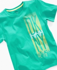 Big city style. Up his urban flair with this v-neck graphic t-shirt from DKNY.