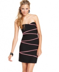 Bright, laser beam stripes zigzag across a strapless party dress of chic, streamlined design! From BCX.