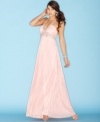 Make an entrance in this floaty dress from XOXO that boasts a jewel-encrusted neckline and gorgeous pleats!