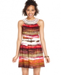 A pretty picture: crochet knit detail acts as a chic accent to the rich, abstract print on this day dress from BCX!