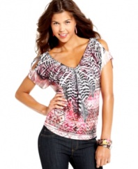 Score all-around cool style by day in this totally graphic, sublimation-print top from Sequin Hearts!