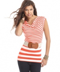 Layer your favorite skinny jeans with this striped tee supreme from BCX! Comes with a cute, waisting cinching belt!
