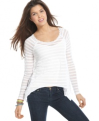 Scalloped lace adds a hint of femme style to this sheer, striped top from Energie – a hot choice for an easy day look!