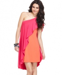 A bright overlay drapes this one-shoulder sheath dress, creating a dramatic, colorblocked experience! From REIGN.