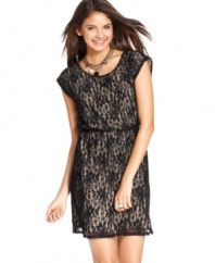 Dark lace drapes over a nude underlay on a cute party dress that flaunts classic, lingerie-inspired style! From BeBop.