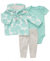 Keep her comfort and style on point with this refreshing 3-piece bodysuit, hoodie and pant set from Carter's.