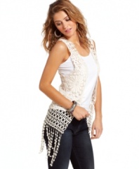 Top your jeans and tee ensemble with boho-cool via this vest from Fresh Brewed that boasts superior crochet design and a hem of dancing fringes!
