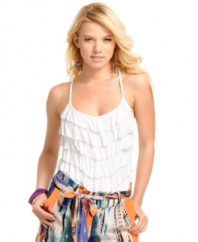 Endless tiers of ruffles plus a chic, braided neckline create perfectly summery style on this top from GUESS?.
