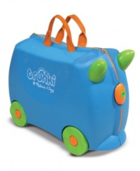 The greatest travel innovation since the wheelie bag. Trunki allows children to ride their luggage through the airport or train station. This lightweight, durable, carry-on sized suitcase serves as luggage, riding toy, and transport for kids on the go. At home, Trunki is a convenient kid-friendly storage bin too. Features tow strap, carry handles, secure catches, integrated wheels and stabilizers to prevent toppling over. Holds up to 250 lbs. You'll smile across the miles with Sunny as your child's handy travel companion.