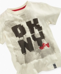 Run with a rugged style. A graffiti-stylized logo on this crisp t-shirt from DKNY gives him a fresh summer style.