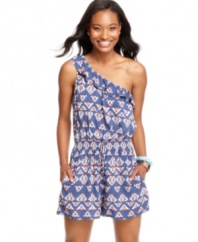 Southwestern style goes tres-cute with this comfy-cool romper from Fire! Boasts a ruffled, one-shoulder design plus a totally eye-catching print!