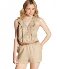 A collar of crisp pleats makes for a chic centerpiece on this romper from Sequin Hearts that allows you to strike out in safari style!