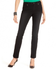 Petite black denim takes the guesswork out of dressing -- they mix slimming, solid color with the comfort and casual cool of jeans! INC's feature a hint of stretch for a fabulous fit, too.