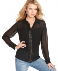 GUESS? puts a sequined spin on this season's top du jour -- the sheer button down! When paired with your sleek denim, this blouse makes a trend-forward impression.
