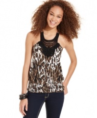 Savage beauty: Belle Du Jour designs this animal-print blouson top with a crochet-knit neckline of intricate design!