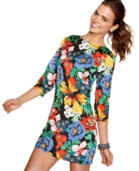 Add flower power to your day or night look with this bold and tropical sheath dress from Planet Gold!