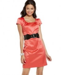 Strike an elegant pose in this formal BCX dress, made adorable with puff sleeves and a wide, removable belt!