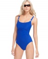 A gathered detail and hardware rings add a modern appeal to this Miraclesuit one-piece swimsuit -- tummy control ensures a sleek silhouette!