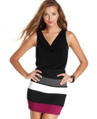 Wow factor: a bold bandage skirt pops against the understated cowl neck top of this day-to-night dress from BCX!