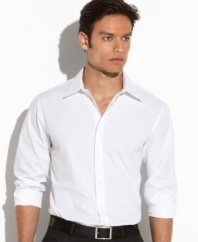 Let your clothes speak for you. This sleek striped button down conveys a feeling of quiet sophistication and class.