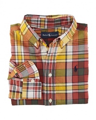 The epitome of preppy style, a classic long-sleeved button-down shirt is crafted in light-as-air cotton with a heritage madras print for a handsome finish.