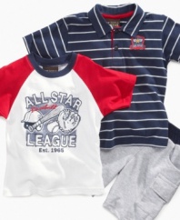 He's safe! Start prepping him early for his premier on the mound with this sporty t-shirt, polo shirt and short set from Nannette.