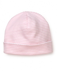 Cozy and cute, the striped cap from Kissy Kissy is rendered in narrow stripes with a cuffed rim and ric rac trim.
