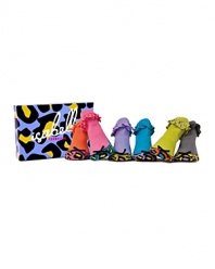 Six pairs of brightly colored socks, designed to look like leopard flats, detailed with a bow on front and ruffle trim at the ankle. Packaged in its own keepsake box, this makes a perfect, practical and fun baby gift.