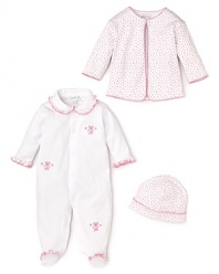 Ruffles adorn the collar, cuffs and feet of the bodysuit, and scalloped trim adds a pretty finish to the cardigan and cap in this 3-piece set from Kissy Kissy.