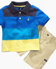 Out to sea. He'll look like he's ready to take the helm in this dashing polo shirt and short set from Nautica.