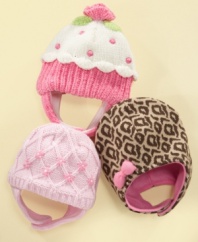 Choose from three extra cute hats for your baby girl this winter. Each one has a particular style she'll look perfect in!