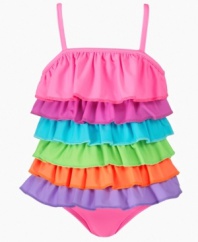 Rainbows colors and ruffles are the perfect pair in this darling two-piece tankini from Flapdoodles.
