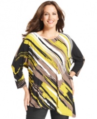 Brighten up your casual style with Alfani's three-quarter-sleeve plus size top, featuring an abstract print.