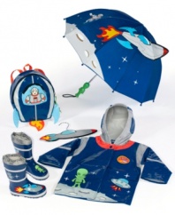 Every astronaut needs a space suit. He can suit up against the elements with this Kidorable raincoat. Featuring alien graphics and a space helmet-styled hood, this coat will keep him dry on his spacewalks in the rain. Comes with matching hanger. Check out the Kidorable Space Hero Rain Boots and Umbrella.
