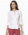 A breezy cotton voile shirt is finished with delicate eyelet trim for a bohemian-inspired look, from Lauren Jeans Co.