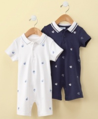 Whether he's ready to make a splash or set sail, your little fella's properly decked out to do either in these fashionably fun sunsuits from First Impressions.