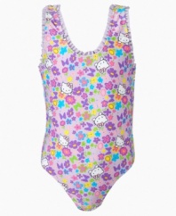 Splish splash. Her favorite cartoon kitty makes this frilly one piece swimsuit from Hello Kitty even more fun.