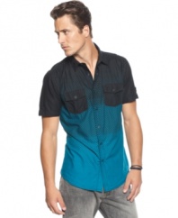 Get spot-on style that can take you from lunch to drinks with this fitted, patterned shirt from Bar III.