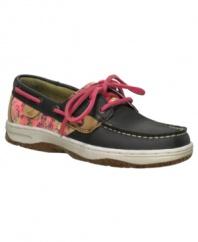 A rich leather upper and shiny sequins at the heel add a cute contemporary look to this Bluefish boat shoe from Sperry.