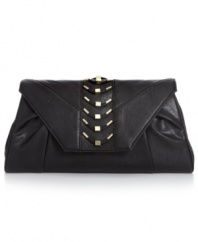 Add some attitude to your evening out. The Riley clutch from Danielle Nicole features edgy rocker-chic hardware, chain-link strap and ruched detailing, while separate interior compartments with plenty of pockets make it the obvious choice.